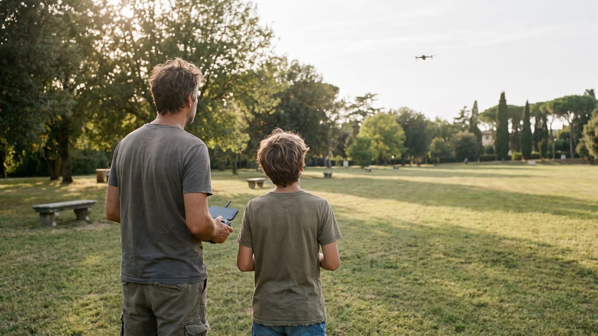 Un adulto e un ragazzo di spalle in un parco, con un piccolo drone in volo basso in lontananza