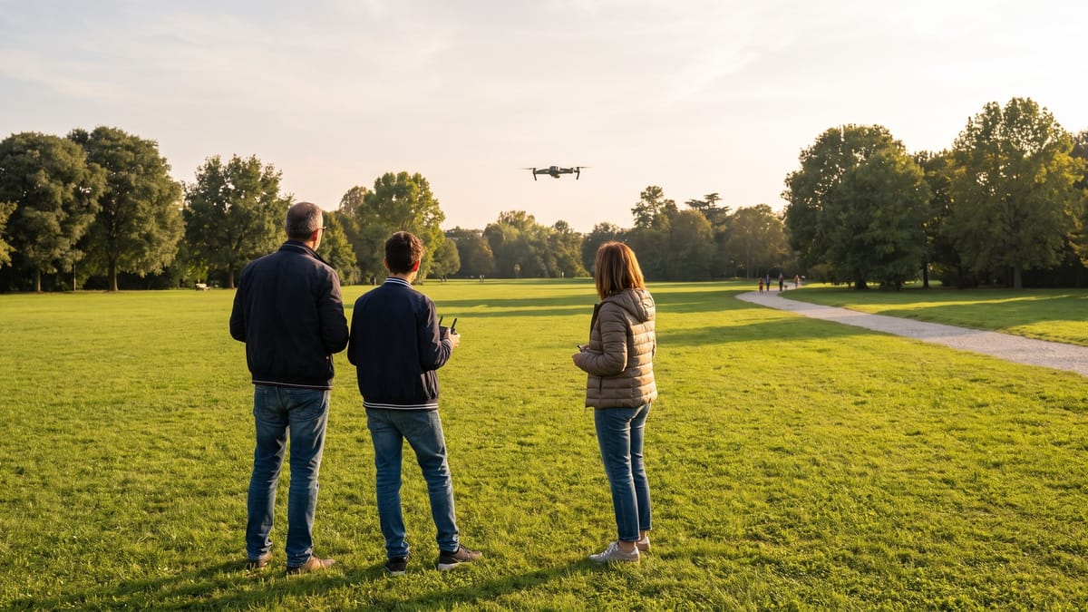 Una famiglia di spalle su un prato con un piccolo drone in volo davanti a loro