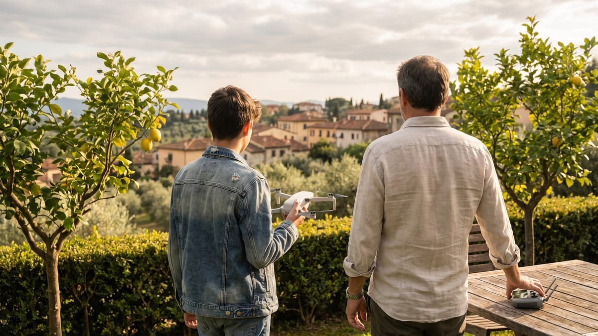 Un genitore e un ragazzo di spalle in giardino con un piccolo drone tra le mani
