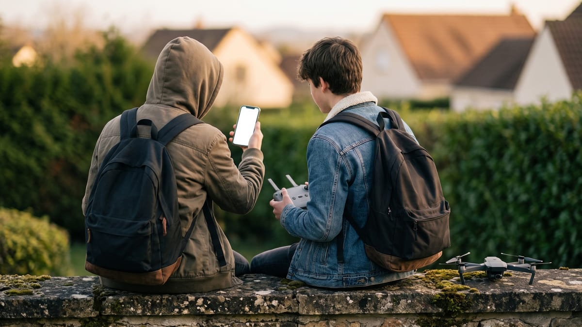 Due ragazzi di spalle seduti su un muretto in giardino con un telefono e un piccolo drone accanto