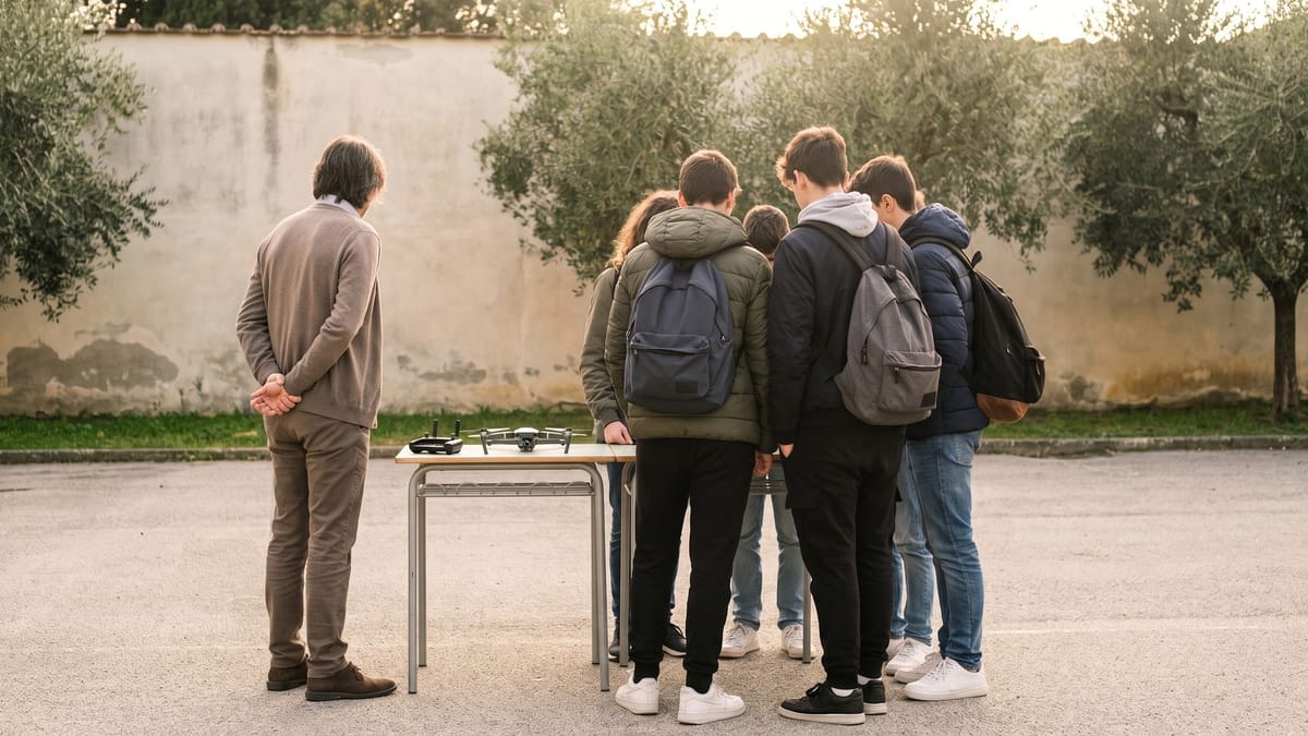 Un gruppo di ragazzi di spalle attorno a un tavolo con un piccolo drone nel cortile di una scuola